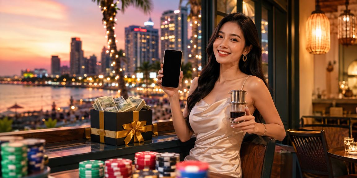 Người dùng tại Phú Quốc đặt kèo thể thao qua điện thoại bên ly cà phê